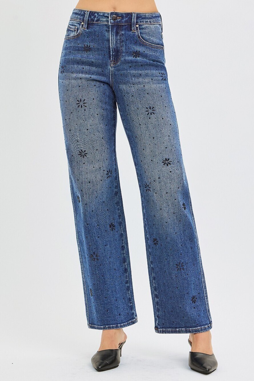PS-21379 | Risen High Rise Straight Leg Jeans | Rhinestone Detail | Sizes 25-31